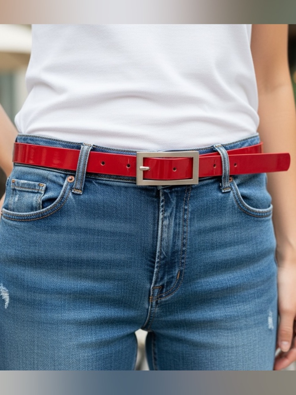 Vintage Vegan Leather Women's Red Statement Belt with Silver Rectangular Buckle
